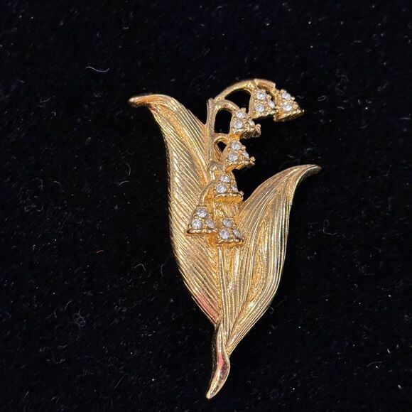 VTG Monet Lily of The Valley Gold and White Brooch with Art Nouveau Design Rare - Picture 3 of 3